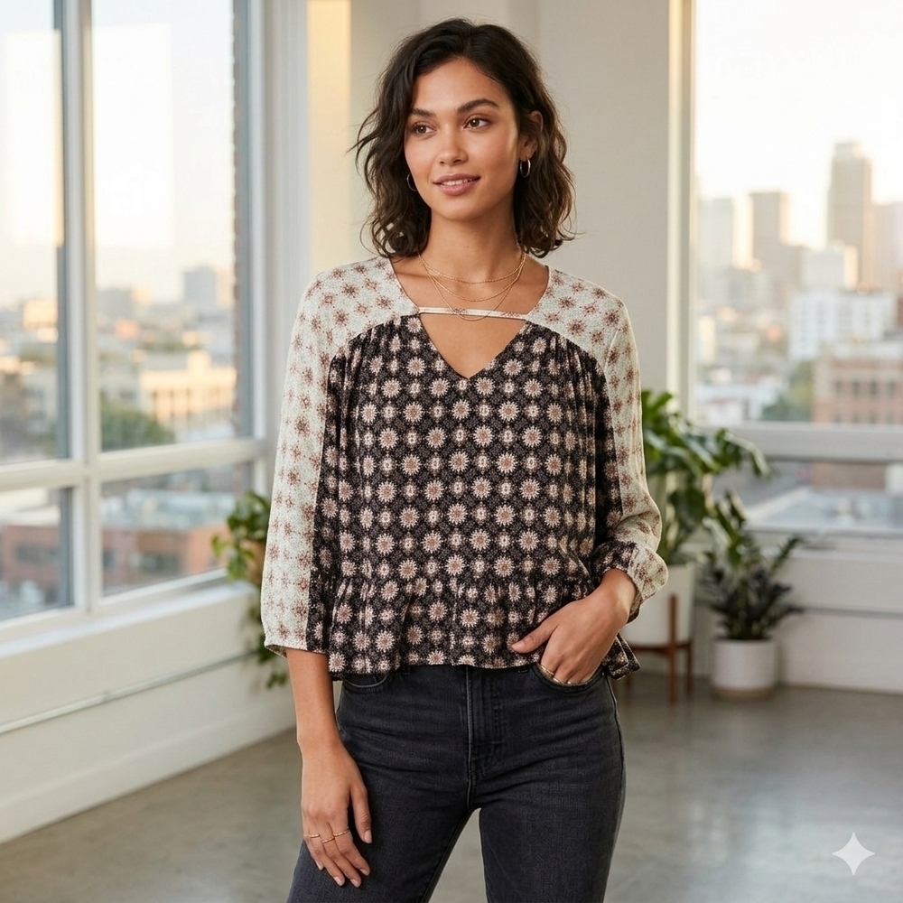 Forever 21 Boho Babydoll Mixed Print Patterned Blouse Size Small